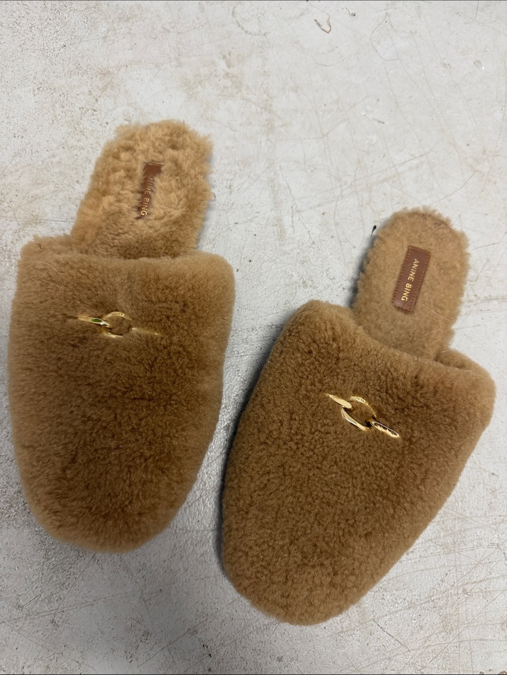 Anine Bing Tan Shearling Slide Slippers with Gold Ring - LIKE NEW - Size 38